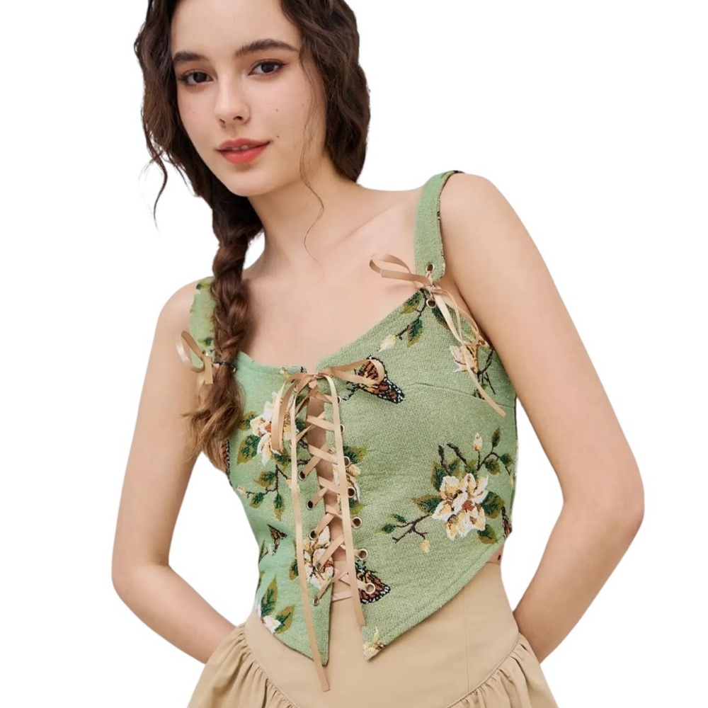 Cider Floral Lace-Up Mint Tank Top